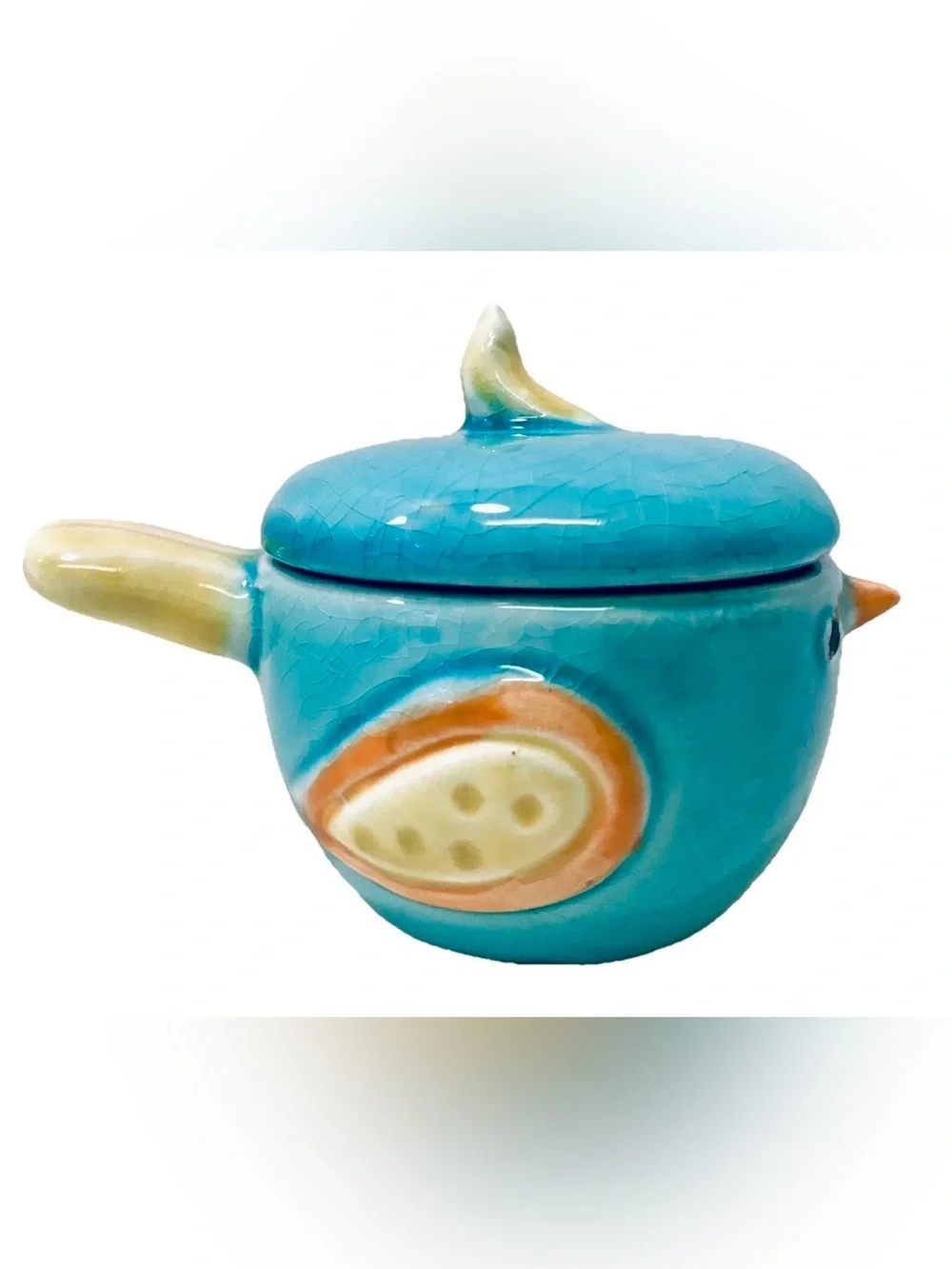 Vintage Blue Bird Yellow Tailed Lidded Crackle Glaze Ceramic Trinket Box Jar